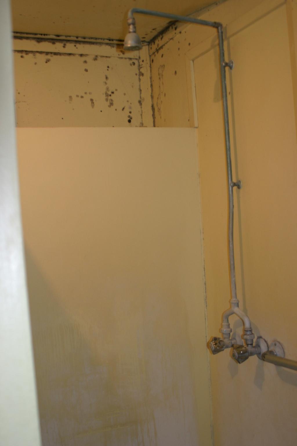 shower in bathroom where access was from the outside only.